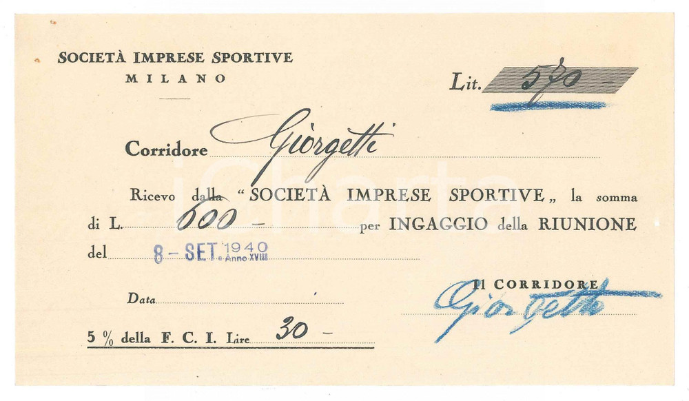 Autografo originale 1940 CICLISMO Milano VIGORELLI Ricevuta Franco GIORGETTI per corsa  AUTOGRAFO 1