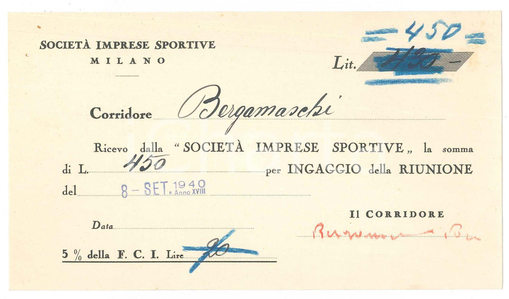 Autografo originale 1940 CICLISMO Milano VIGORELLI Ricevuta Vasco BERGAMASCHI per corsa  AUTOGRAFO 1