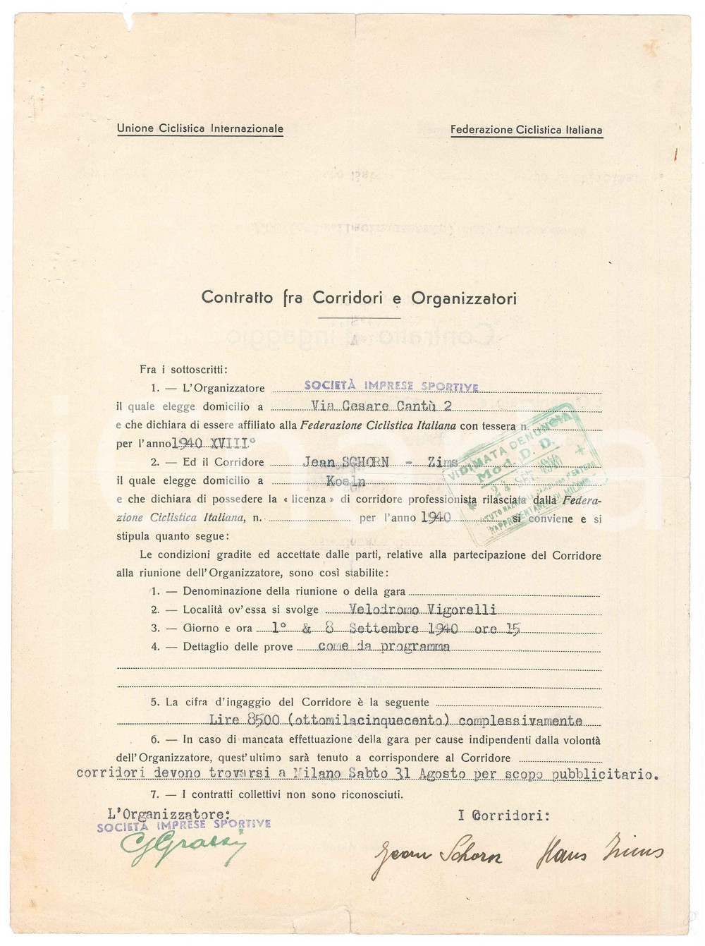 Autografo originale 1940 CICLISMO MILANO Contratto gara Jean SCHORN Hans ZIMS  AUTOGRAFI 1