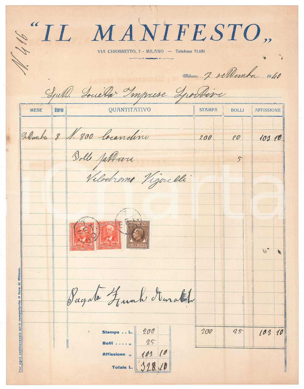 Documento originale, autentico 1940 MILANO Tipografia IL MANIFESTO  Fattura per manifesti CICLISMO Vigorelli 1