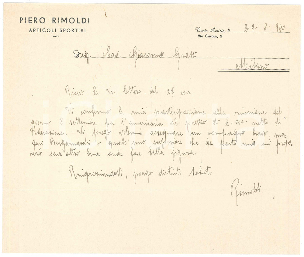 Autografo originale 1940 CICLISMO MILANO Pietro RIMOLDI chiede un compagno bravo AUTOGRAFO 1