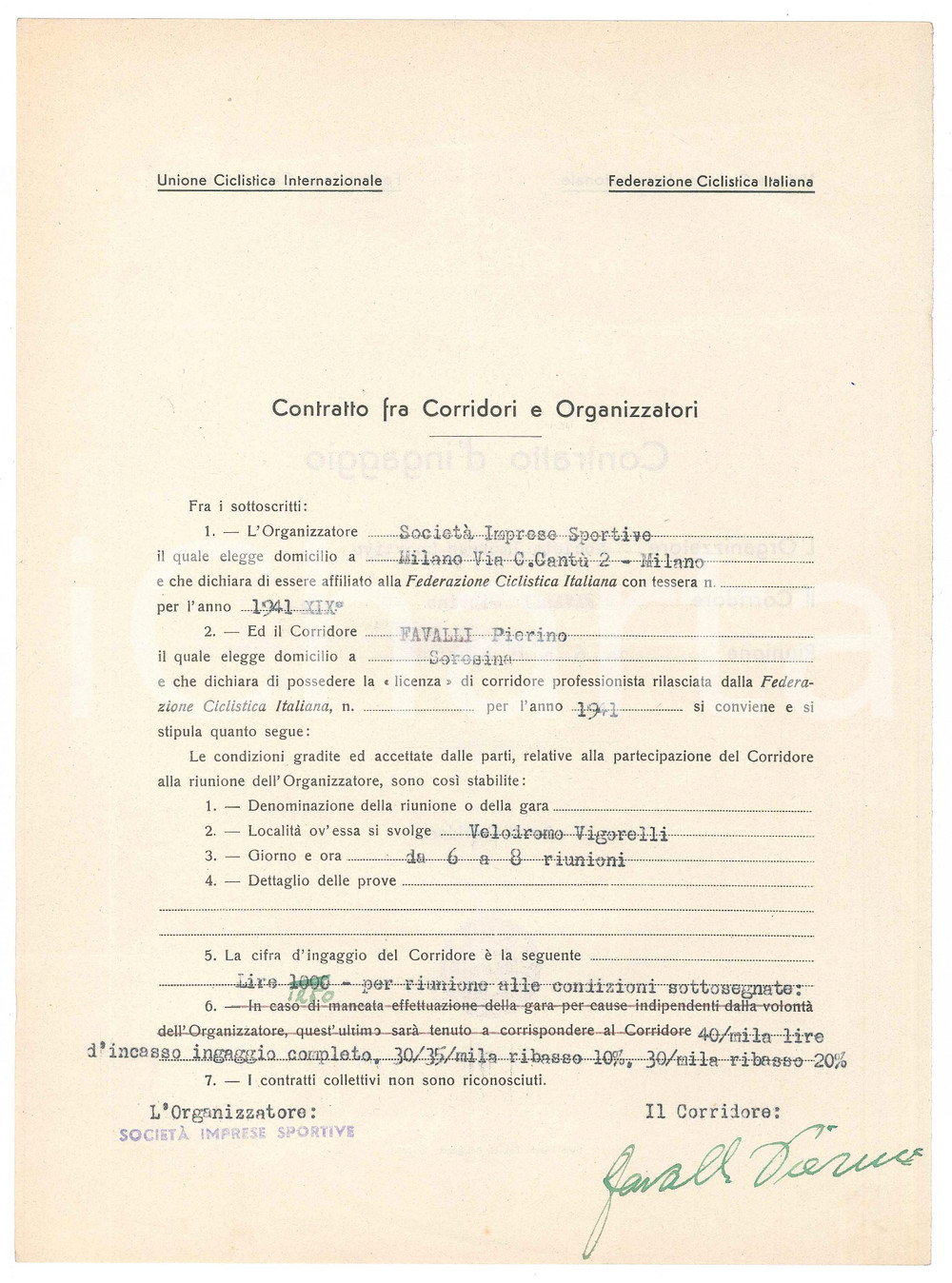 Autografo originale 1941 CICLISMO MILANO VIGORELLI  Contratto ingaggio Pierino FAVALLI Autografo 1