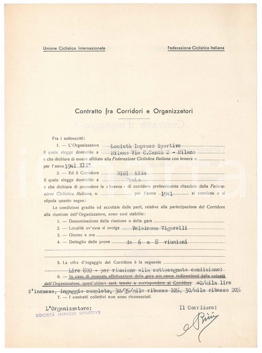 Autografo originale 1941 CICLISMO MILANO VIGORELLI  Contratto ingaggio Aldo BINI Autografo 1