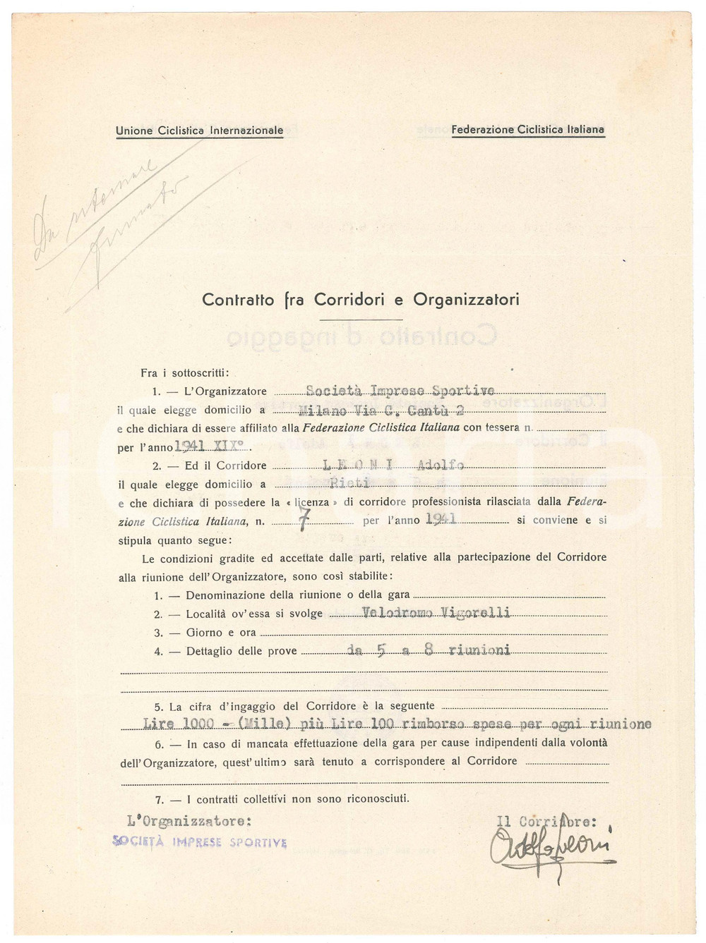Autografo originale 1941 CICLISMO MILANO VIGORELLI  Contratto ingaggio Mario RICCI Autografo 1
