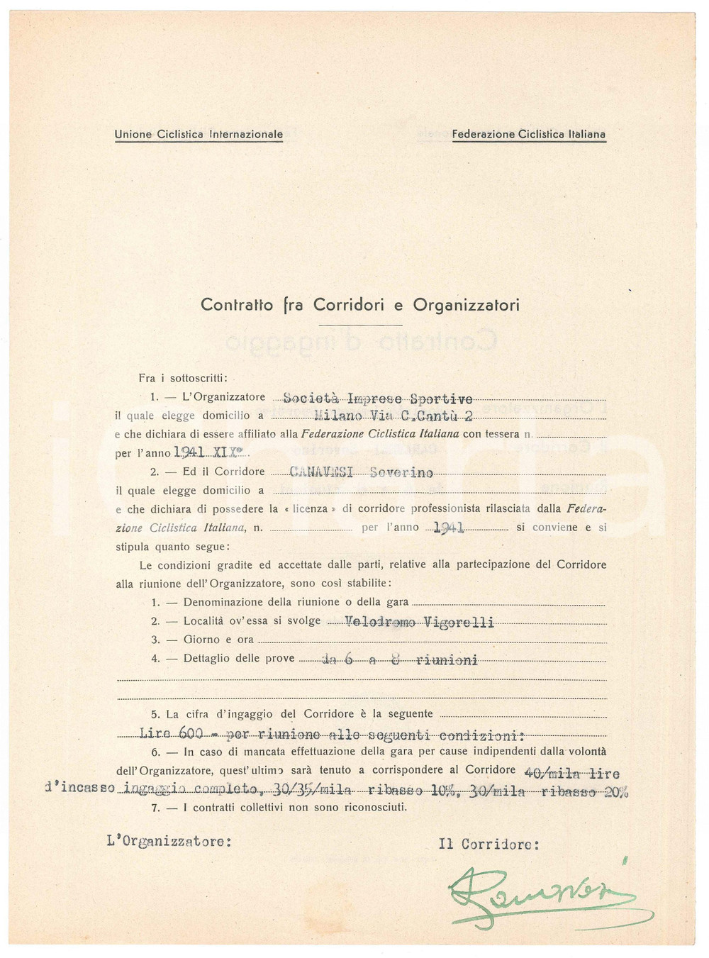 Autografo originale 1941 CICLISMO MILANO VIGORELLI  Contratto ingaggio Severino CANAVESI Autografo 1