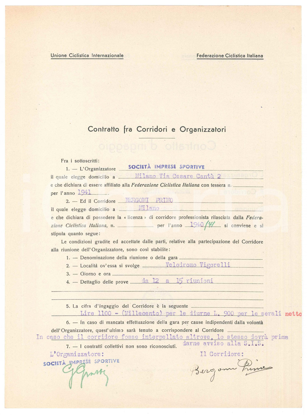 1941 CICLISMO MILANO VIGORELLI - Contratto ingaggio Primo BERGOMI Autografo Contratto di ingaggio per il ciclista, con firma autografa, per la "Societ&agrave; Imprese Sportive".PAGINE: 1 (2 facciate) FAIR/discreto piegatura centrale d'epoca  originale e autentica 1