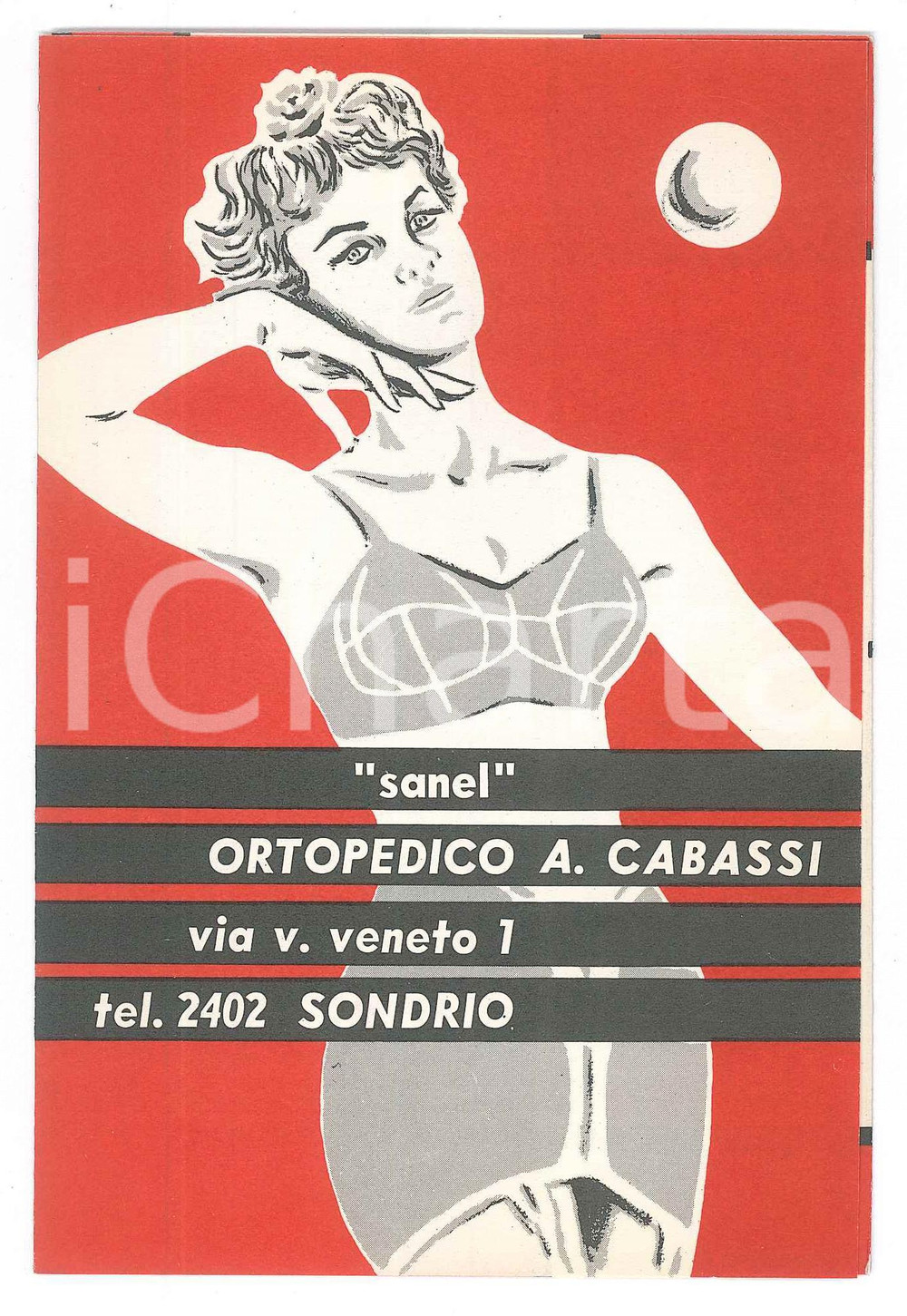 Materiale pubblicitario d’epoca 1950 ca SONDRIO  SANEL Ortopedico A. CABASSI Pieghevole illustrato 10x16 cm 1