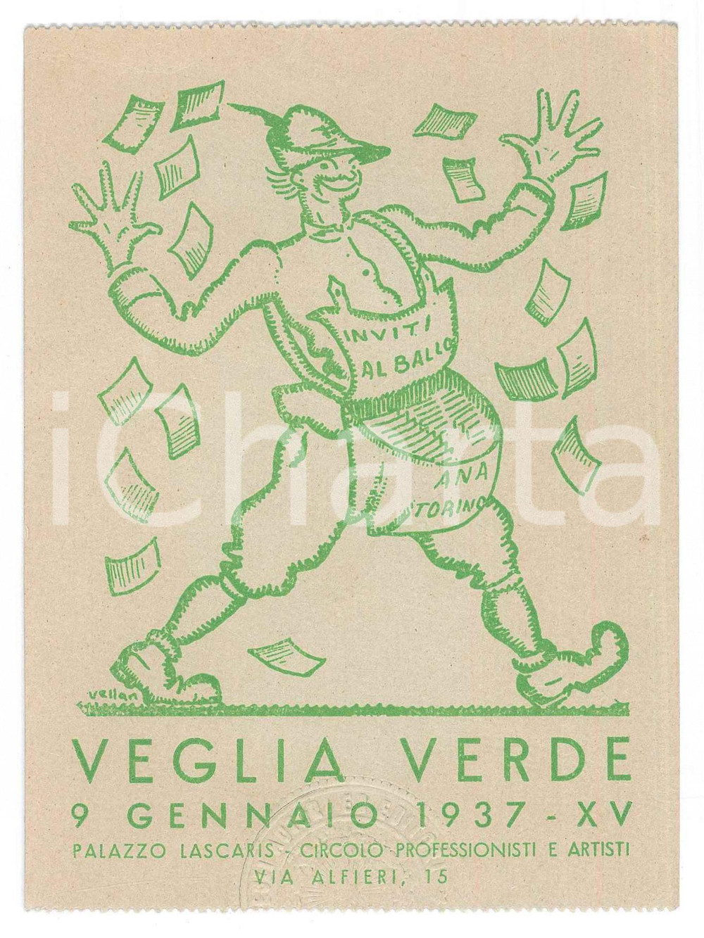Oggetto da collezione cartaceo 1937 TORINO Palazzo Lascaris VEGLIA VERDE Ill. di Felice VELLAN Biglietto 10x14 1