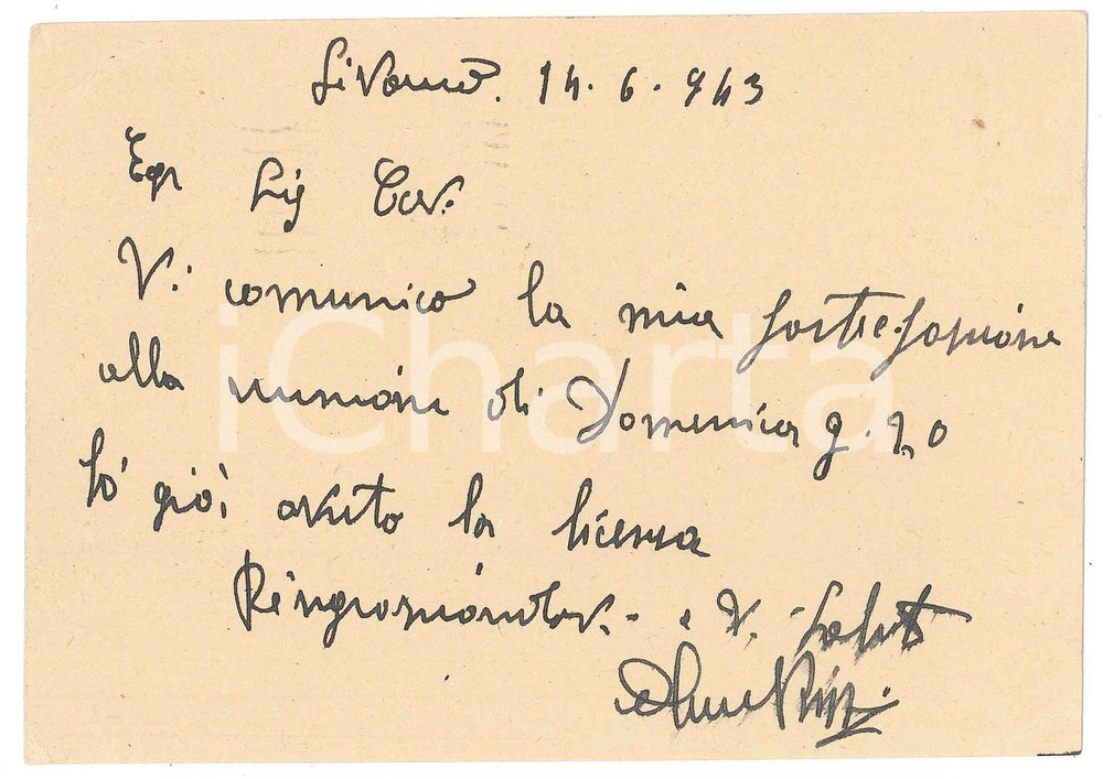 Autografo originale 1943 CICLISMO LIVORNO Olimpio BIZZI conferma gara  AUTOGRAFO 1