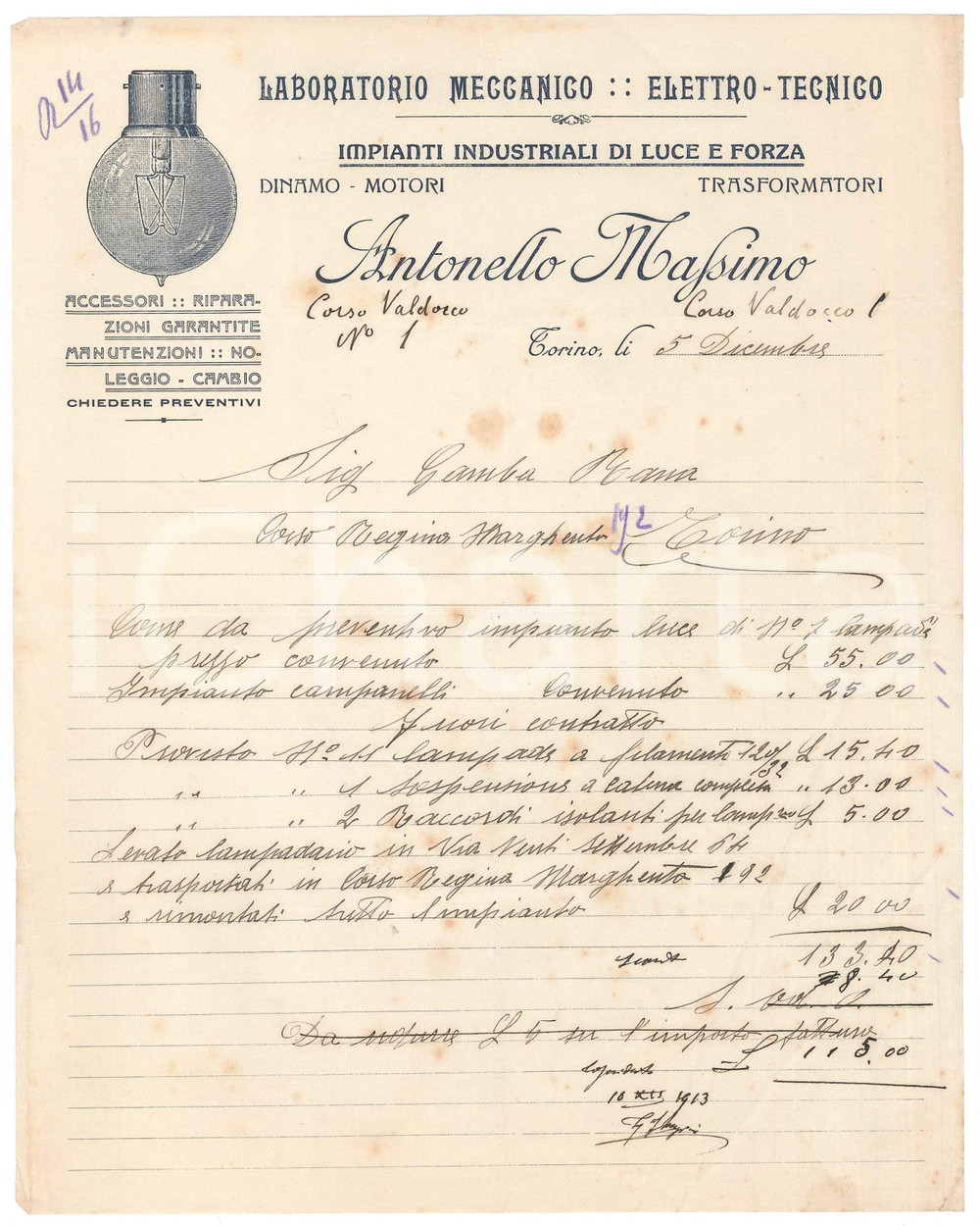 Documento originale, autentico 1913 TORINO Antonello MASSIMO Impianti industriali di luce  Conto manoscritto 1