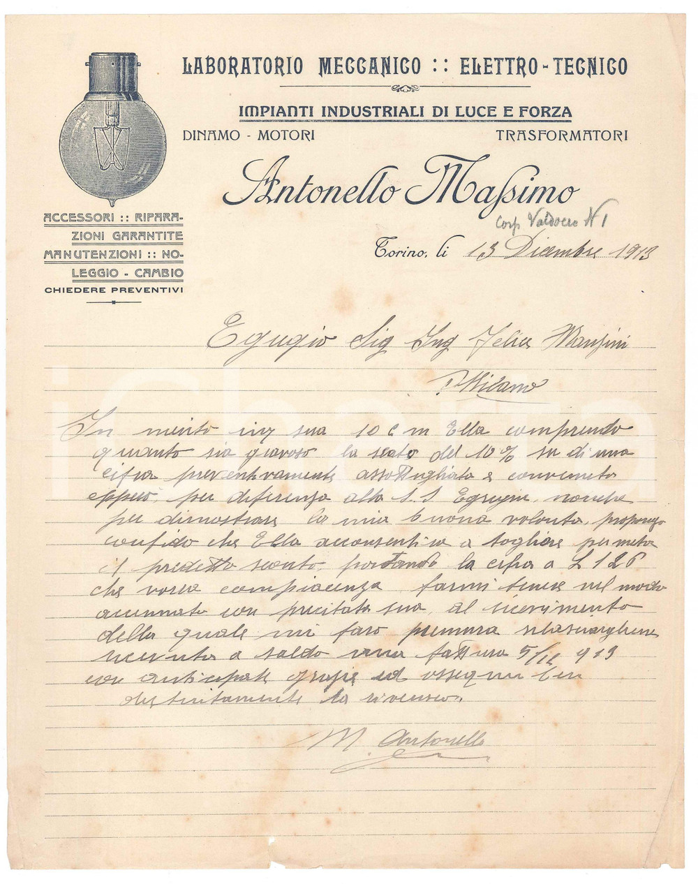 1913 TORINO - Antonello MASSIMO Impianti industriali di luce - Conto manoscritto