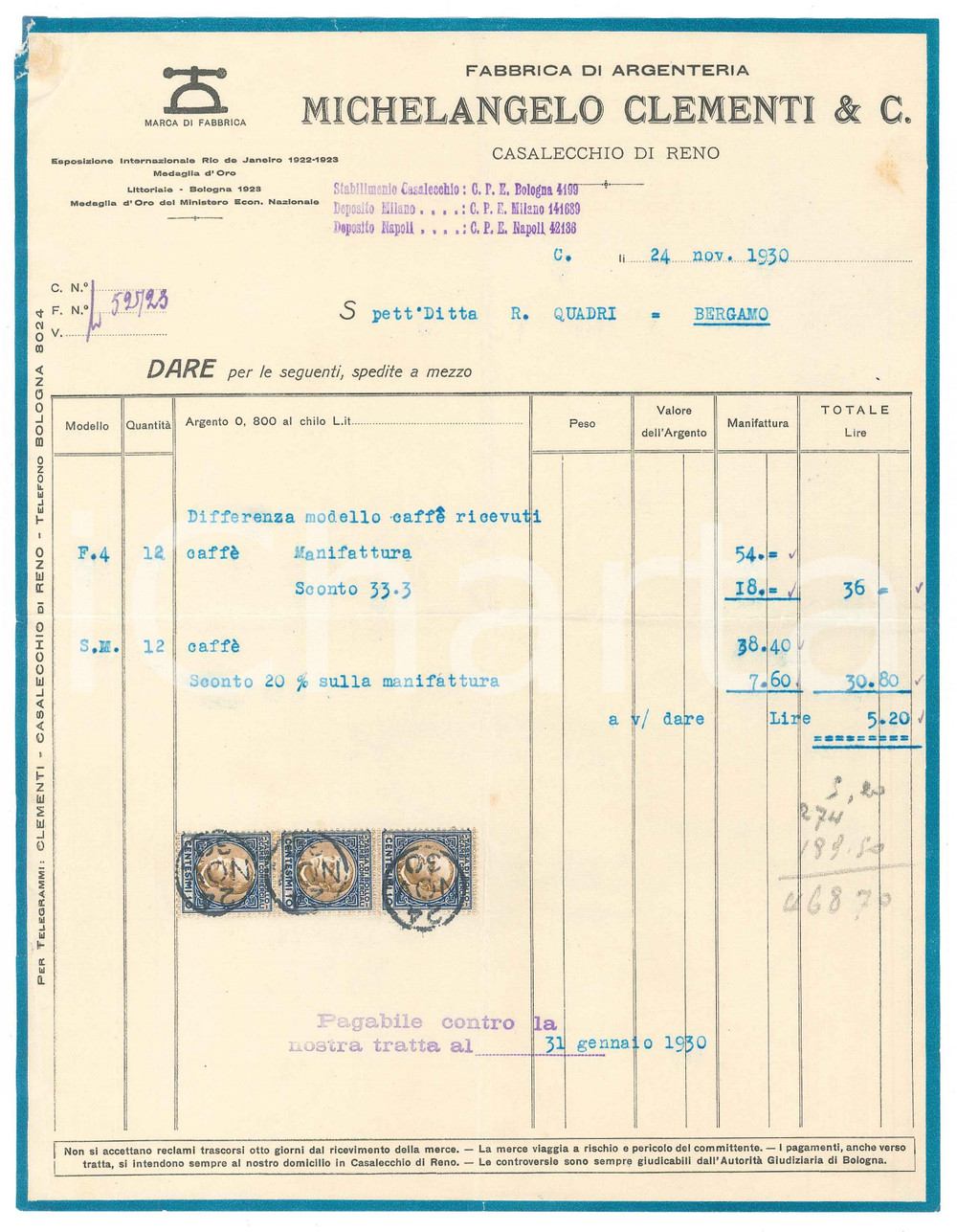 Documento originale, autentico 1930 CASALECCHIO DI RENO BO Michelangelo CLEMENTI & C. Argenteria Fattura 2 1