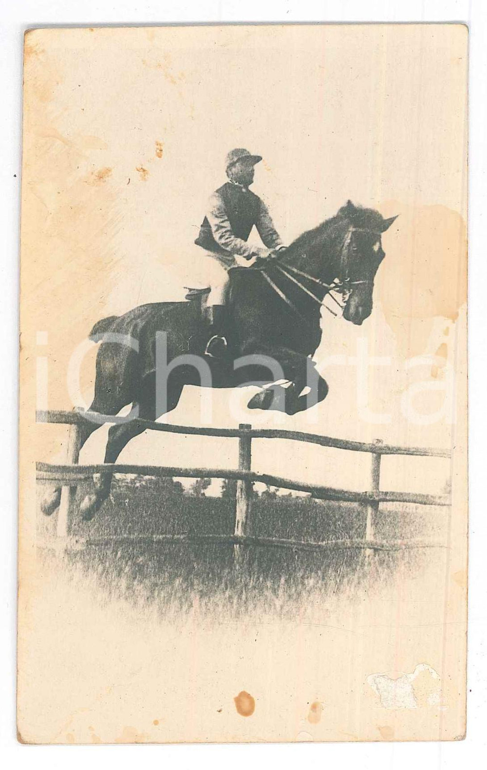 Autografo originale 1920 ca ITALIA IPPICA  Fantino al salto  Foto cartolina 9x14 cm 1