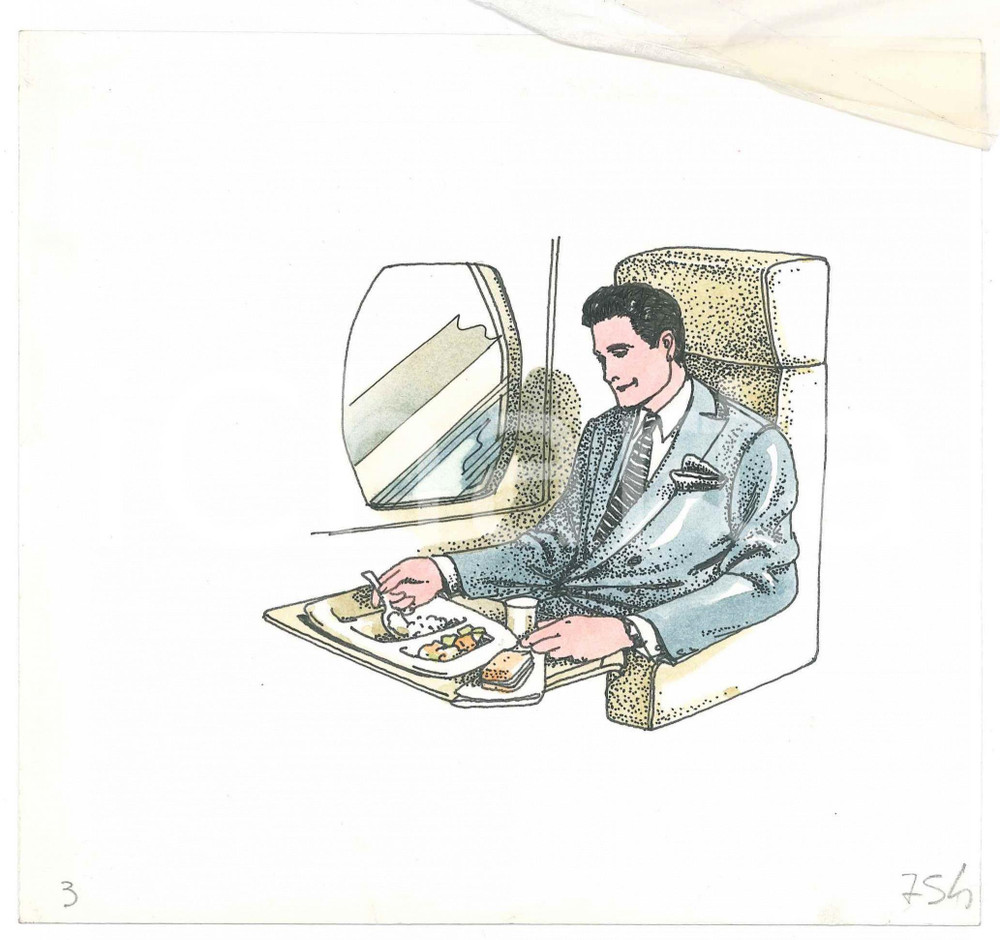 Opera d’arte autentica 1970 ca SE MANGIATE FUORI CASA Pranzo in treno  Illustrazione originale 16x15 1