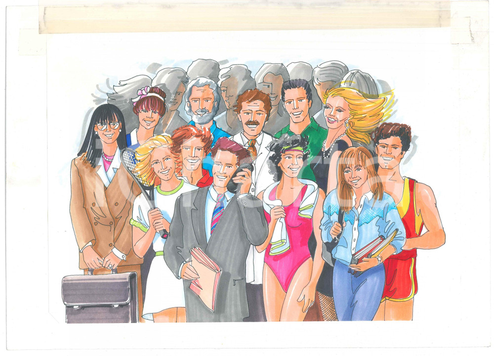 Opera d’arte autentica 1985 ca ILLUSTRAZIONE Donne e uomini in carriera  Disegno originale 34x25 cm 1