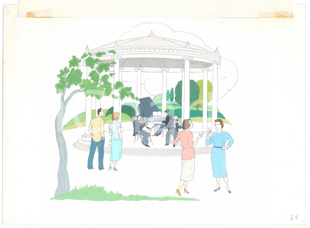 Opera d’arte autentica 1980 ca ILLUSTRAZIONE Concertino sotto al gazebo  Disegno originale 32x24 cm 1