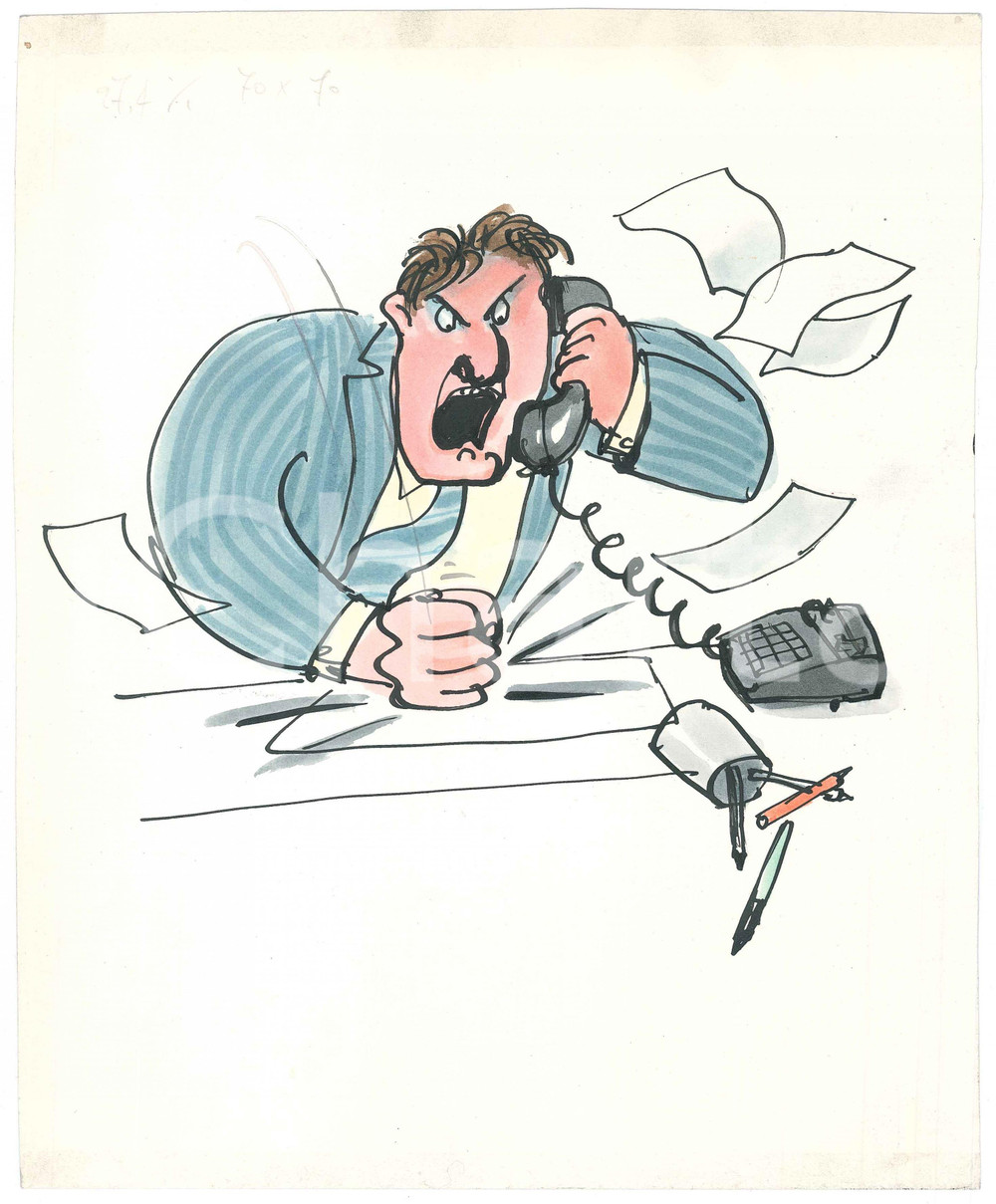 Opera d’arte autentica 1970 ca SATIRA IrritabilitÃ   Manager arrabbiato  Illustrazione originale 24x29 1