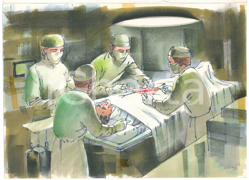 Opera d’arte autentica 1980 ca MEDICINA  ILLUSTRAZIONE Operazione chirurgica  Disegno originale 1