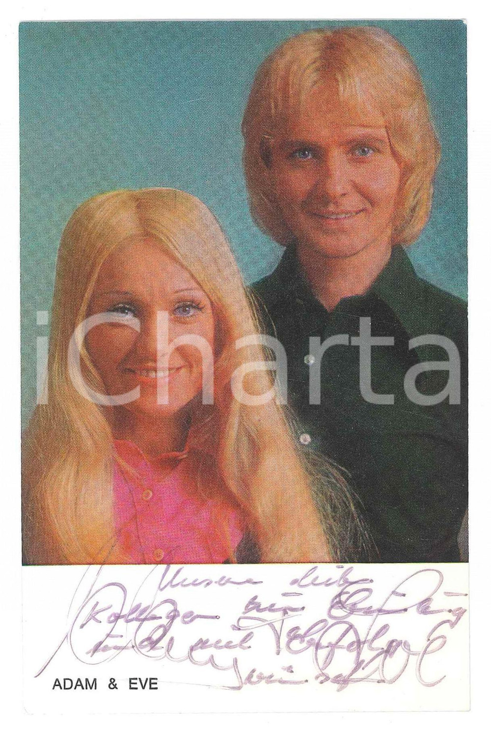 Autografo originale 1970 ca GERMANY  MUSIC  ADAM & EVE  SIGNED Photo 9x14 cm EMI ELECTROLA 1