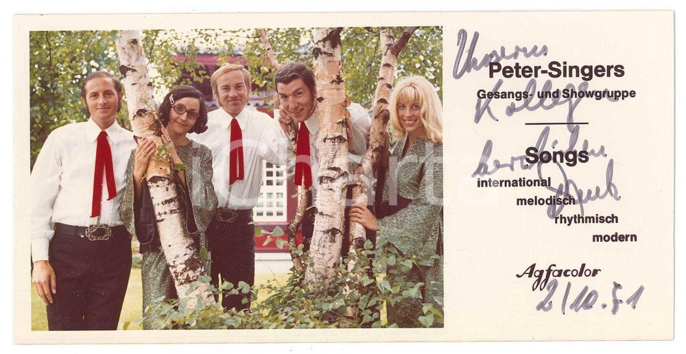 Autografo originale 1971 GERMANY  PETERSINGERS Gesangs und Showgruppe  SIGNED photo 18x9 cm 1