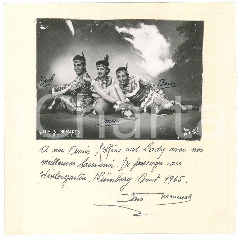 Autografo originale 1965 NURBERG  CIRCUS  TRIO MENARES equilibrists and tumblers AUTOGRAPHED photo 1