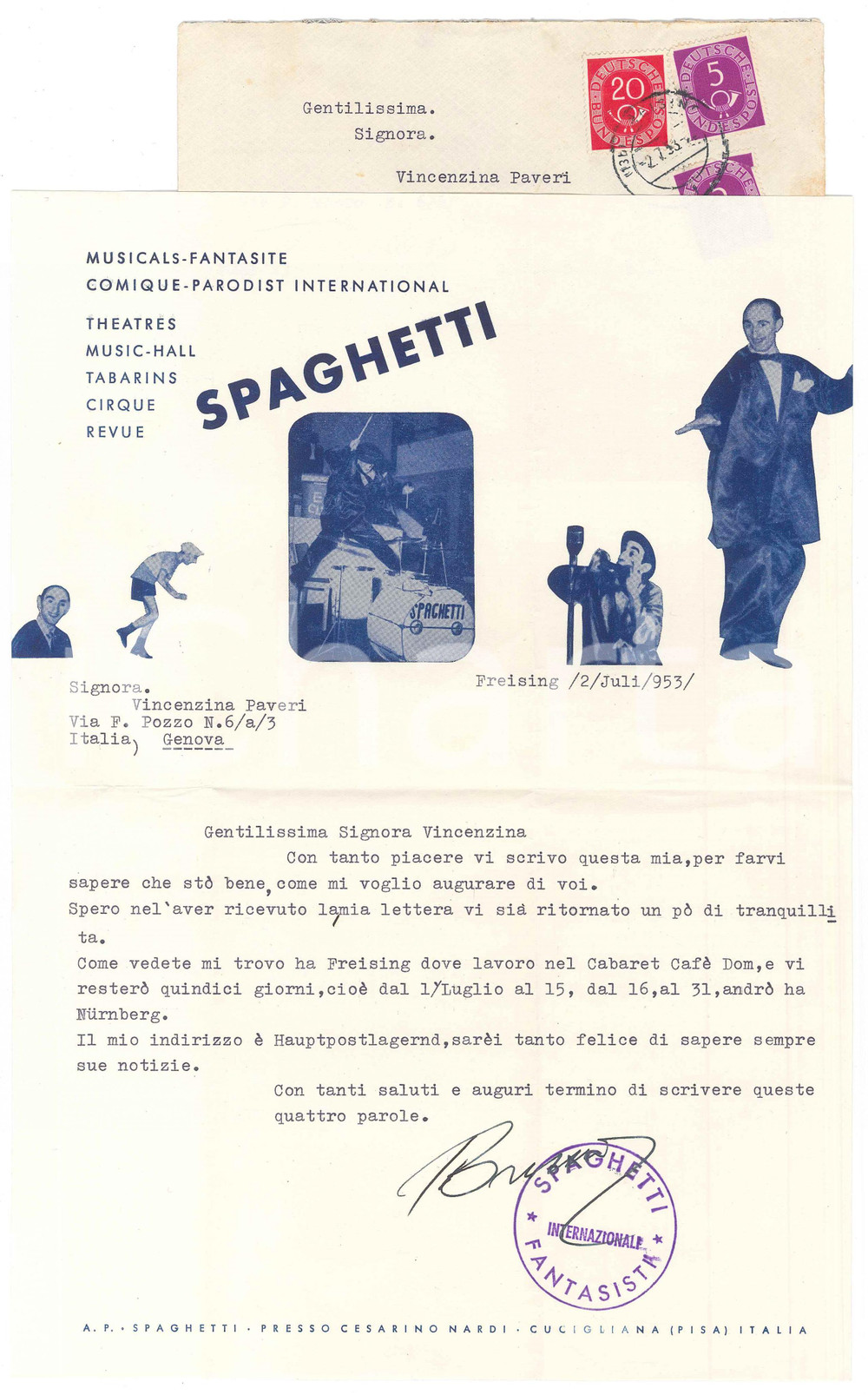 Autografo originale 1953 FRISINGA  TEATRO  Lettera Bruno NARDI SPAGHETTI fantasista AUTOGRAFO 1