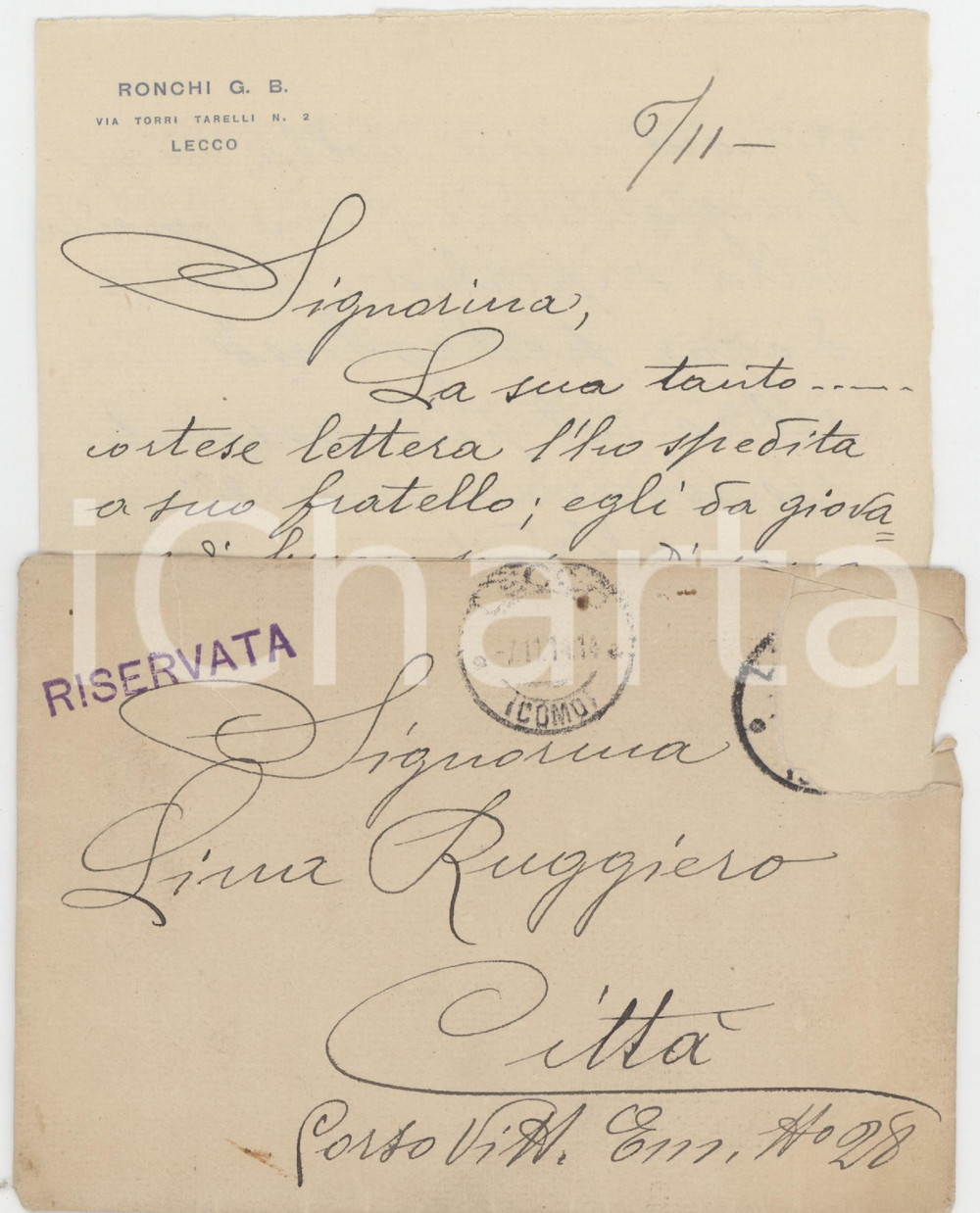 Autografo originale 1914 LECCO Giovanni Battista RONCHI rinuncia a un incarico  Lettera AUTOGRAFA 1
