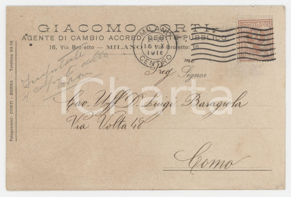 Cartolina originale da collezione 1916 MILANO Via Broletto 16  Giacomo CORTI Agente di Cambio  Biglietto prezzi 1
