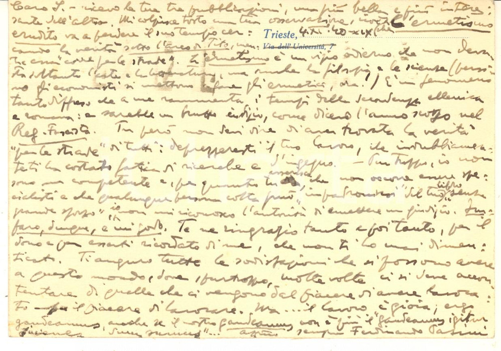 Autografo originale 1940 TRIESTE Cartolina Ferdinando PASINI a Paolo Ettore Santangelo  AUTOGRAFO 1