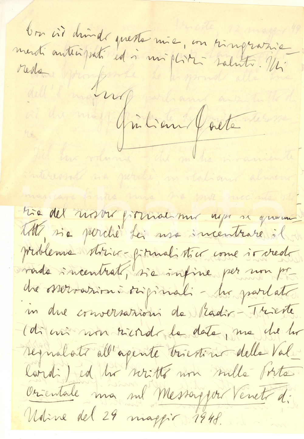 Autografo originale 1949 TRIESTE Lettera Giuliano GAETA per invio di una pubblicazione AUTOGRAFO 1