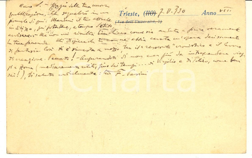 Autografo originale 1930 TRIESTE Cartolina Ferdinando PASINI a Paolo Ettore Santangelo  AUTOGRAFO 1