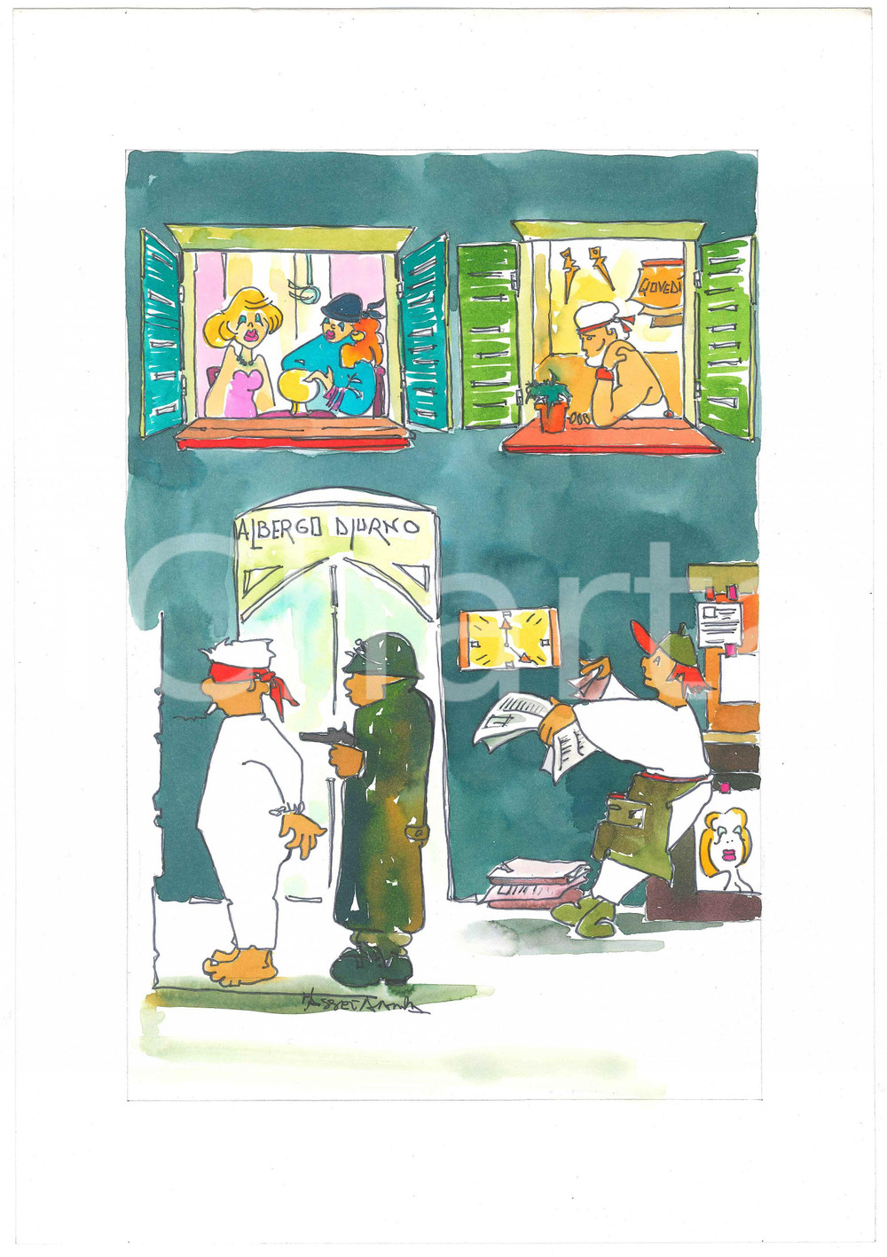 Opera d’arte autentica 1980 ca SATIRA Edicola e albergo diurno  Ill. MASSEVA Disegno originale 3 1