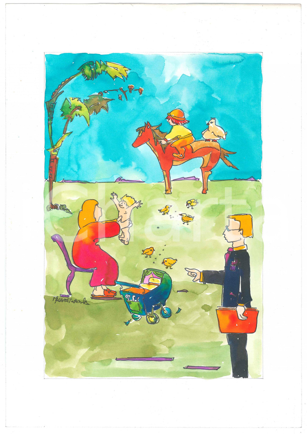Opera d’arte autentica 1980 ca SATIRA  PEDAGOGIA Bambini al parco  Ill. MASSEVA Disegno originale 3 1