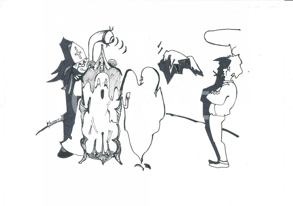 Opera d’arte autentica 1980 ca SATIRA ANTICLERICALE Illustratore MASSEVA Disegno originale 28x21 cm 2 1