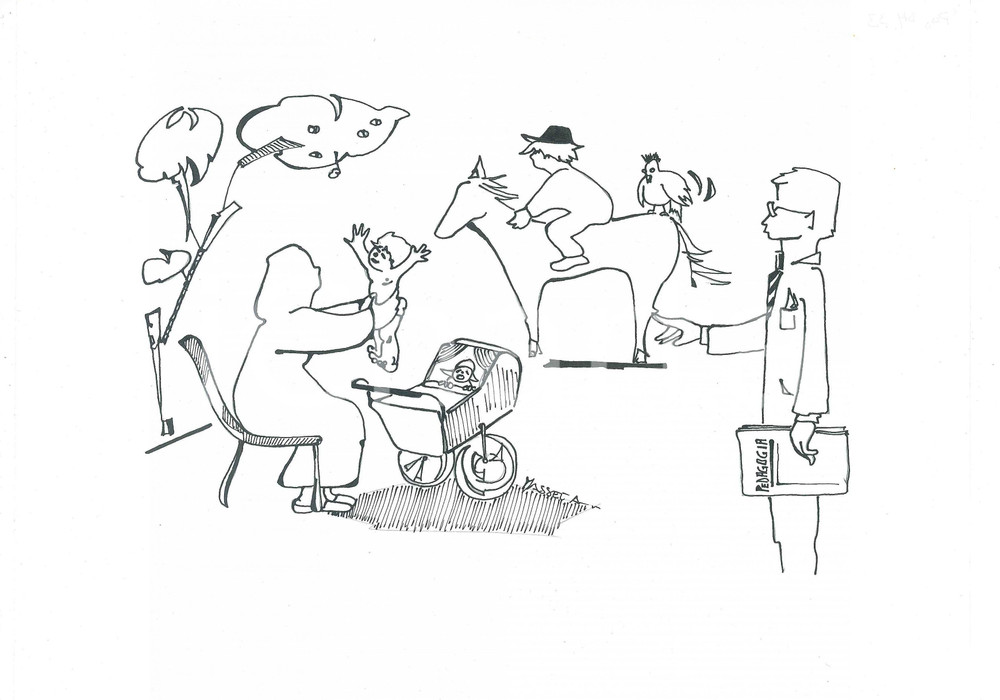 Opera d’arte autentica 1980 ca SATIRA  PEDAGOGIA Bambini al parco  Ill. MASSEVA Disegno originale 1