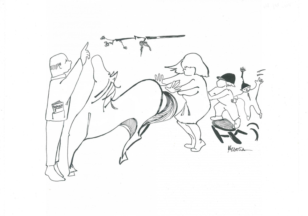 Opera d’arte autentica 1980 ca SATIRA  PEDAGOGIA Bambini al parco  Ill. MASSEVA Disegno originale 1 1