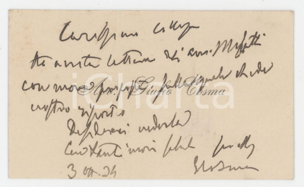 Oggetto da collezione cartaceo 1894 PADOVA Avv. Giulio COSMA  Biglietto da visita con messaggio autografo 1