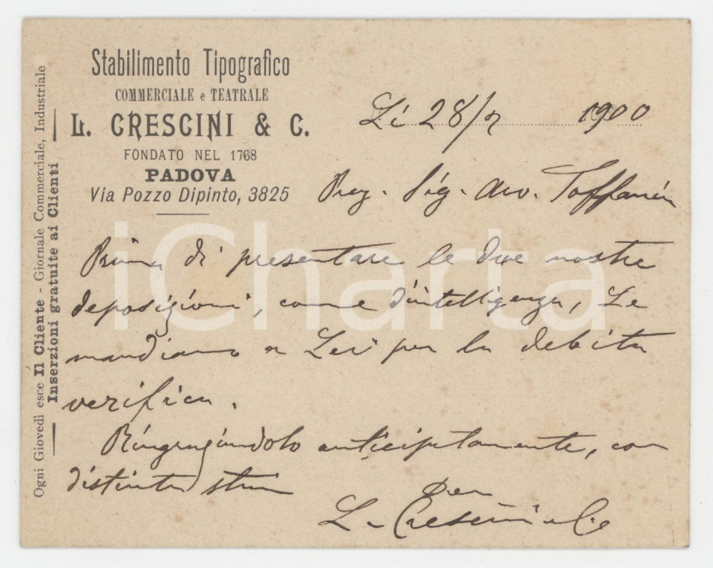Autografo originale 1900 PADOVA Stabilimento Tipografico Teatrale L. CRESCINI Biglietto autografo 1