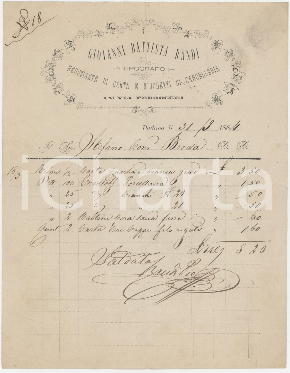 Documento originale, autentico 1884 PADOVA Via Pedrocchi  Giovanni Battista RANDI Negoziante di carta Fattura 1