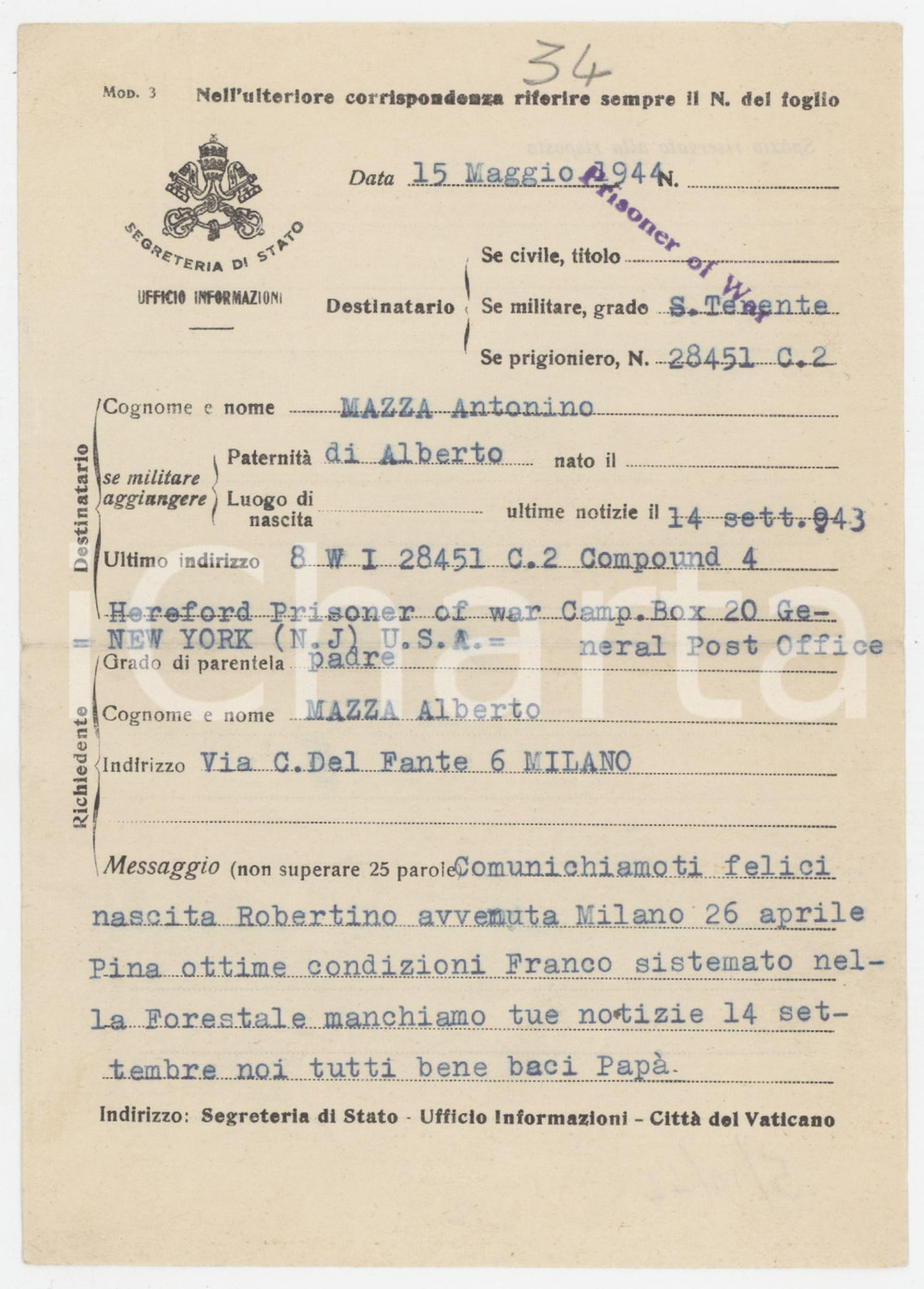 Documento originale, autentico 1944 WW2 CITTA  DEL VATICANO  Antonino MAZZA POW Camp FORT MEADE  Messaggio 1