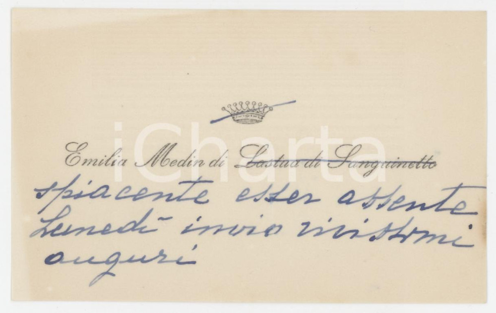 Oggetto da collezione cartaceo 1935 ca ITALIA Emilia MEDIN DI LASTUA DI SANGUINETTO Biglietto autografo 10x6 cm 1