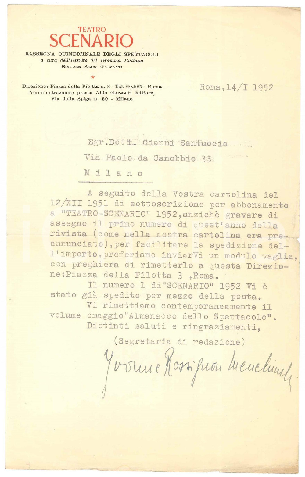 Manoscritto, lettera originale 1952 ROMA  Teatro SCENARIO  Lettera Yvonne ROSSIGNON MENCHINELLI 1
