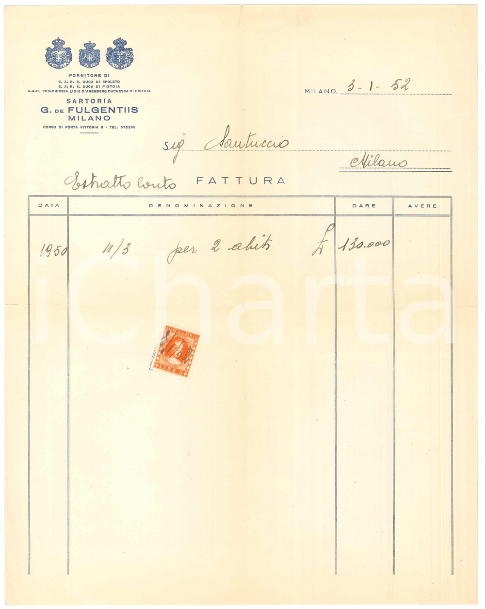 Documento originale, autentico 1952 MILANO corso Porta Vittoria  Sartoria G. DE FULGENTIS estratto conto 1