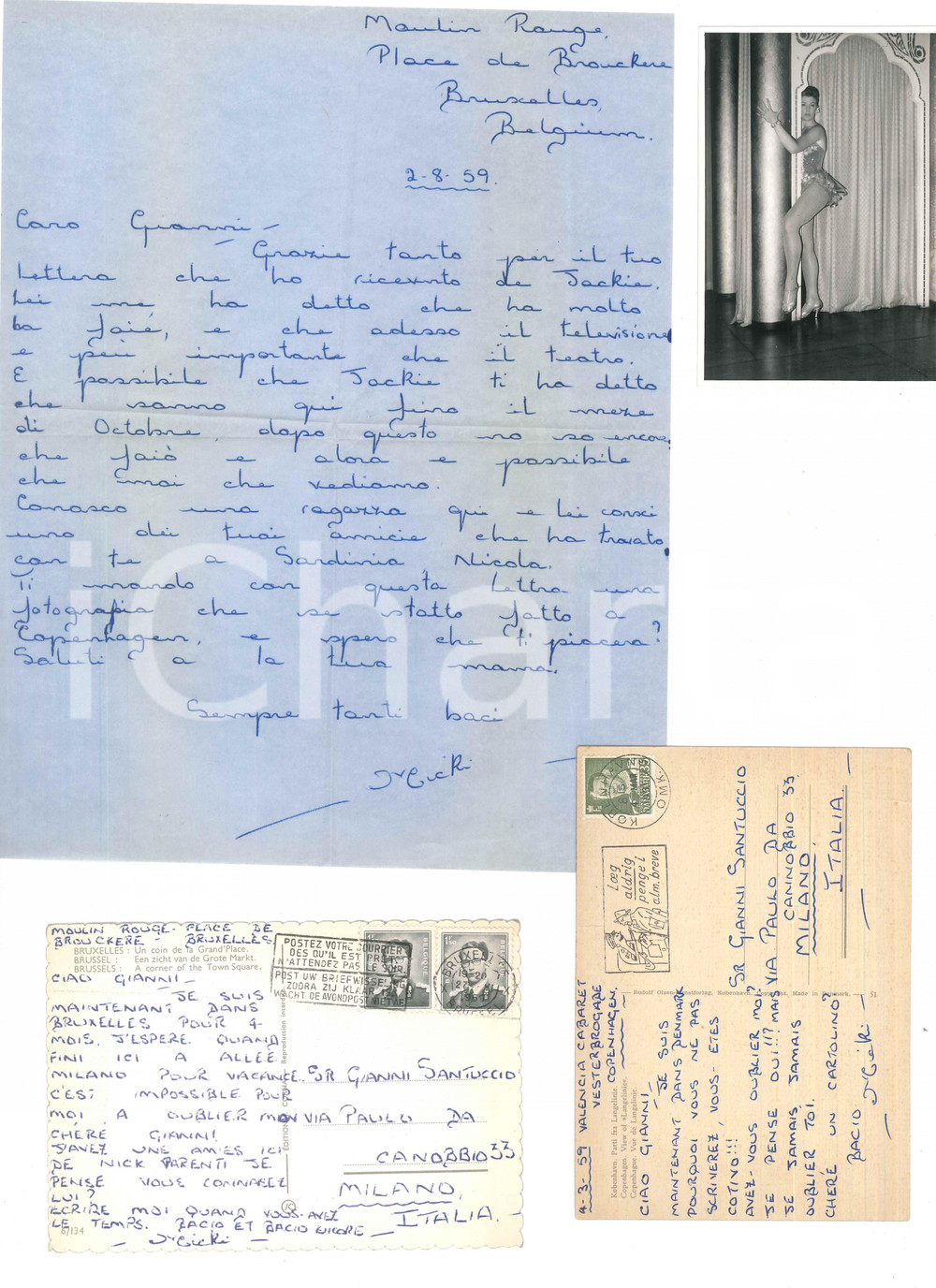 Autografo originale 1959 PARIS  MOULIN ROUGE Lotto Micki ELLEN a Gianni Santuccio AUTOGRAFO 1