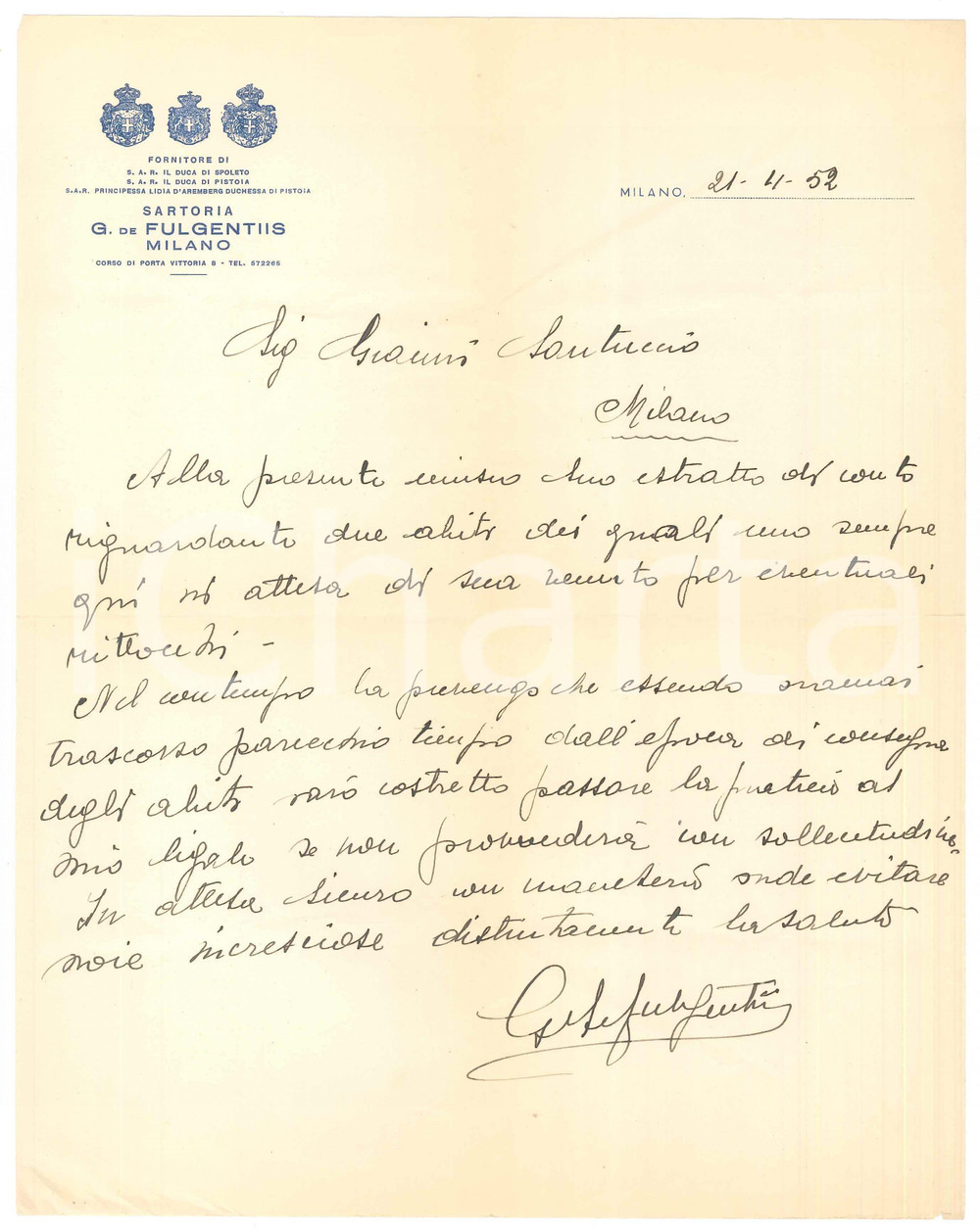 Manoscritto, lettera originale 1952 MILANO Lettera sartoria G. DE FULGENTIS per saldo non riscosso 1