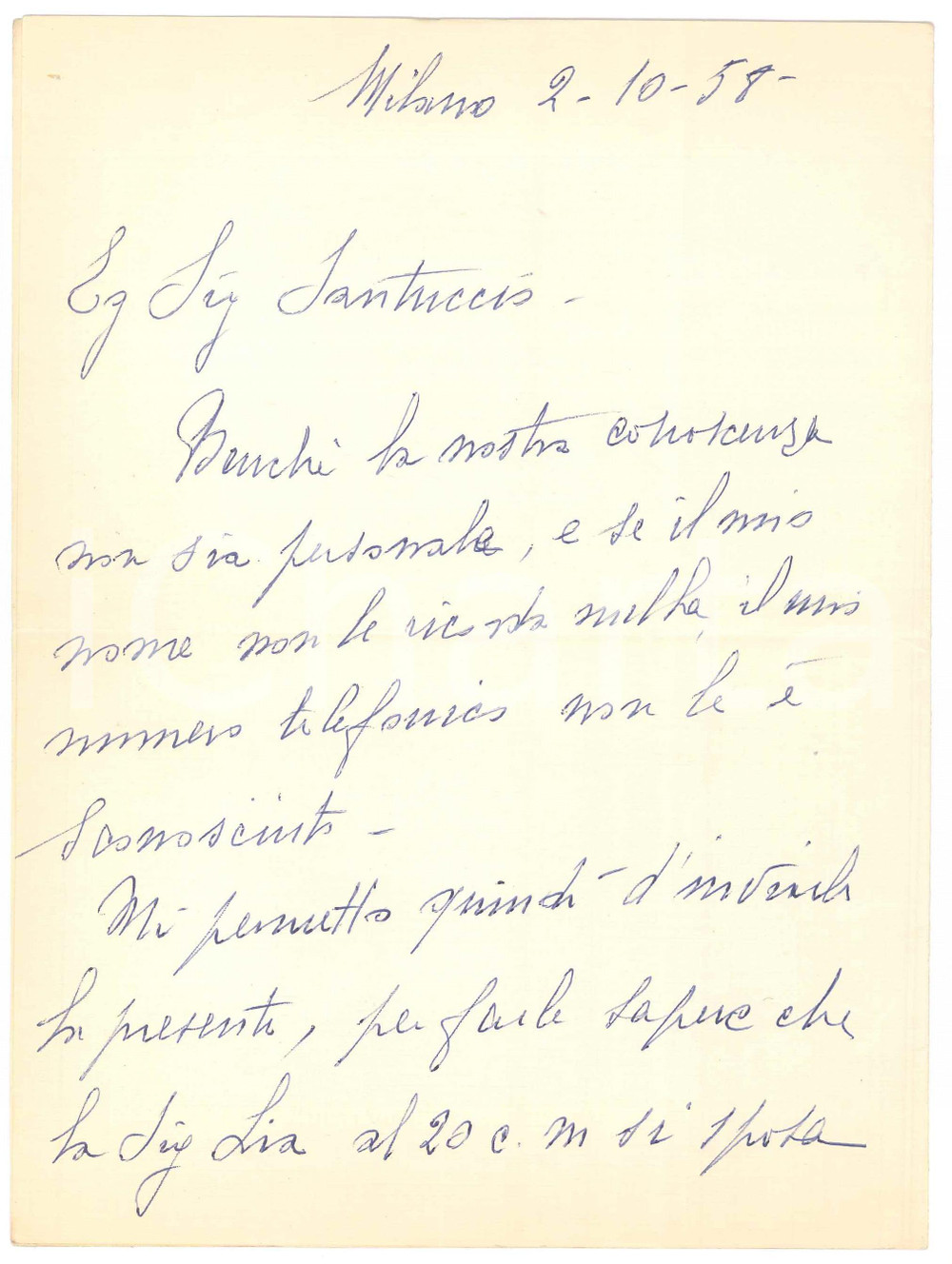Manoscritto, lettera originale 1958 MILANO Lettera a Gianni SANTUCCIO da un ammiratrice per camera disponibile 1