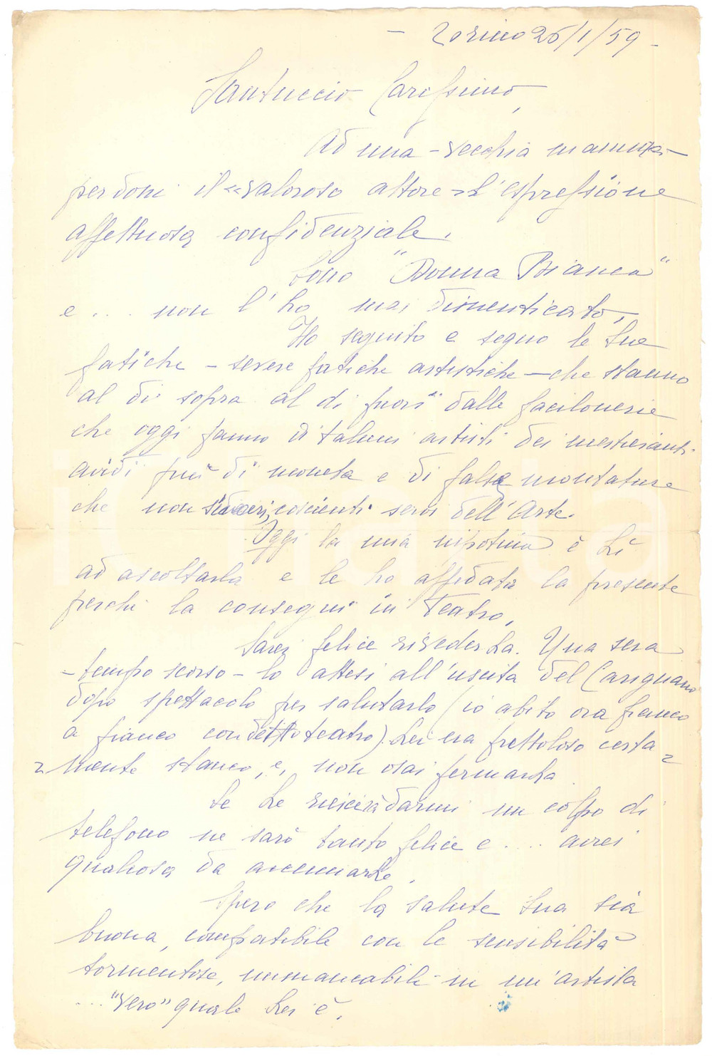 Manoscritto, lettera originale 1959 TORINO Lettera a Gianni SANTUCCIO dall ammiratrice Donna Bianca 1