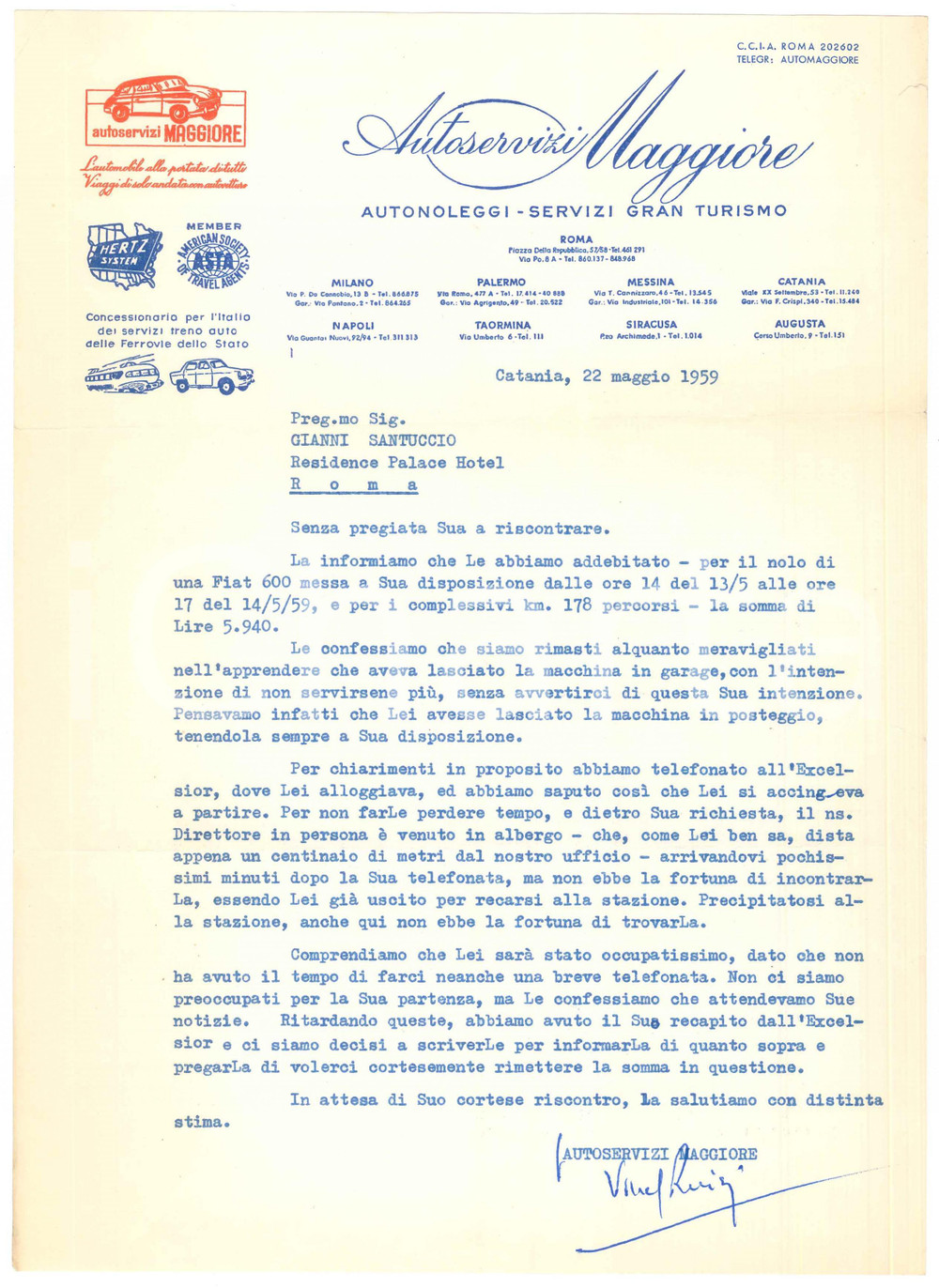 Documento originale, autentico 1959 CATANIA  Autoservizi MAGGIORE  Lettera per mancato noleggio 1