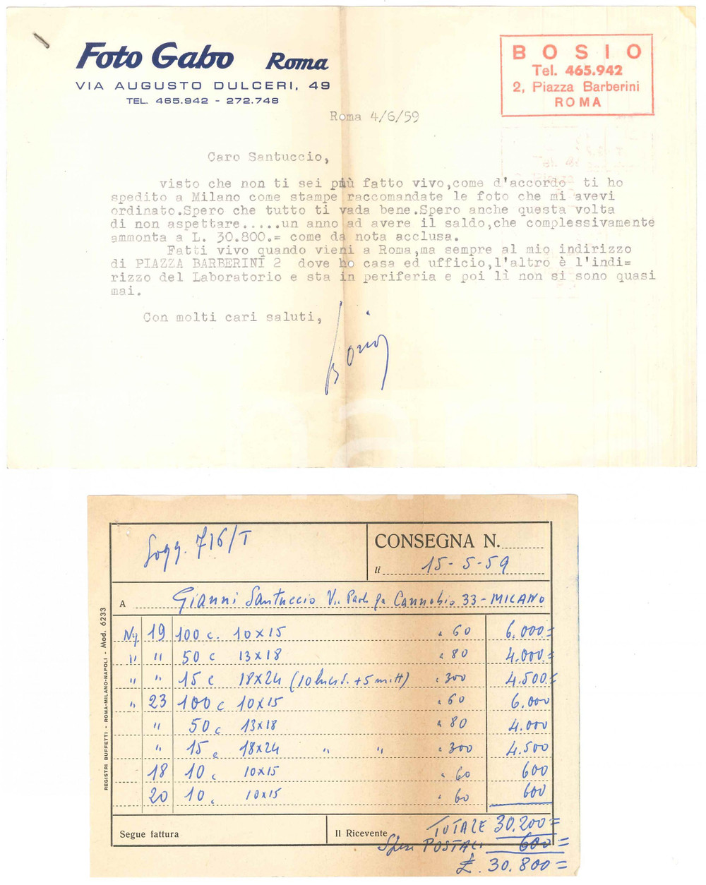 Autografo originale 1959 ROMA Lettera Gastone BOSIO per saldo lavoro  FOTO GABO Autografo 1