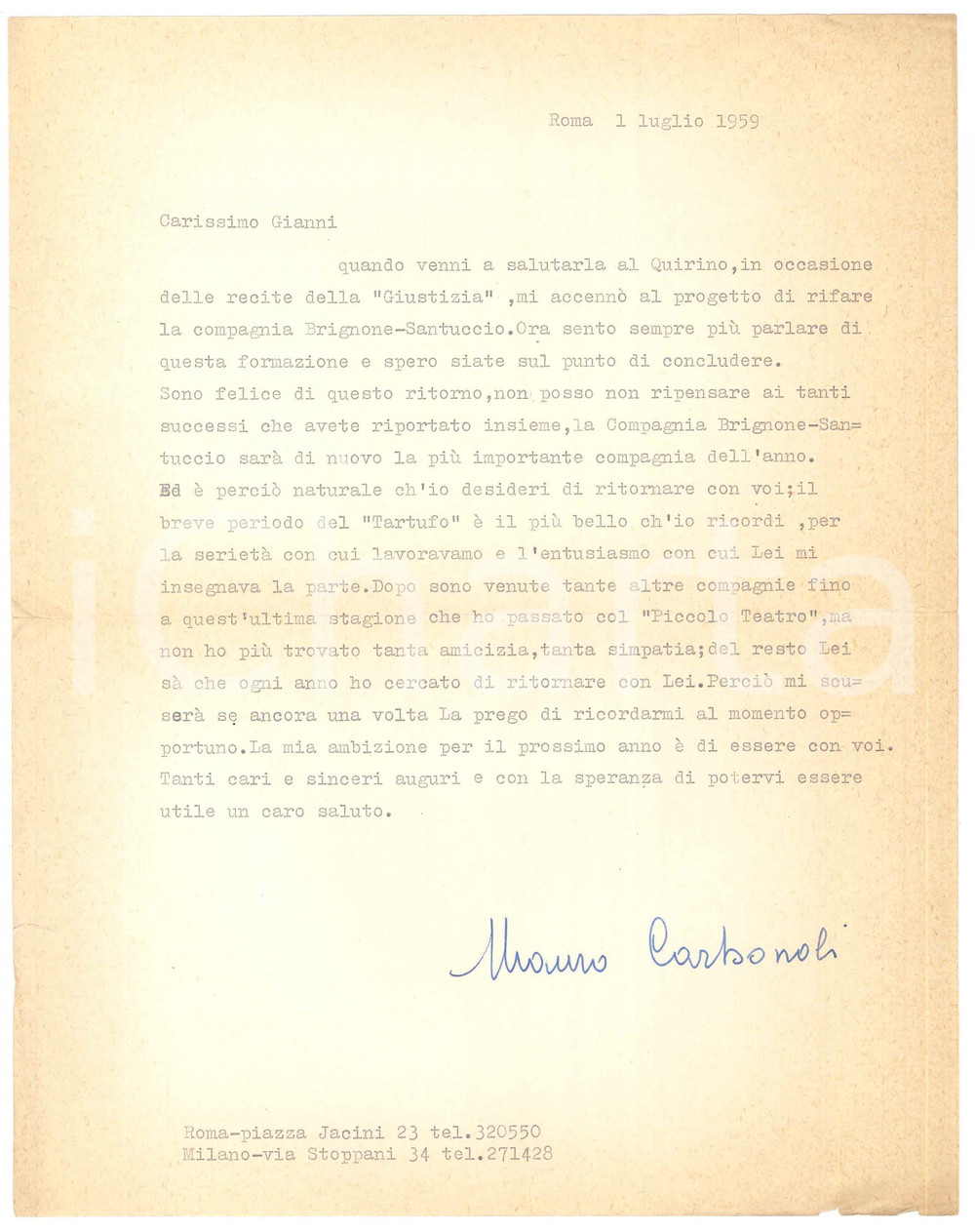 Autografo originale 1959 ROMA Attore Mauro CARBONOLI si propone a una compagnia Autografo 1